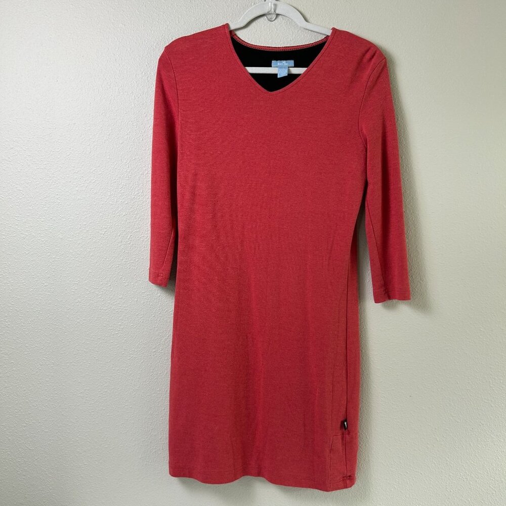 Horny Toad Dress Womens Size S Orange‎ Red V Neck 3/4 Sleeve Stretch Knee Length